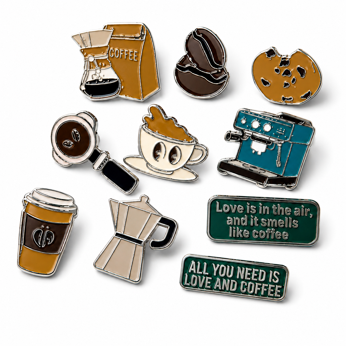 Coffee-Themed Pin Badge Set – Pack of 10
